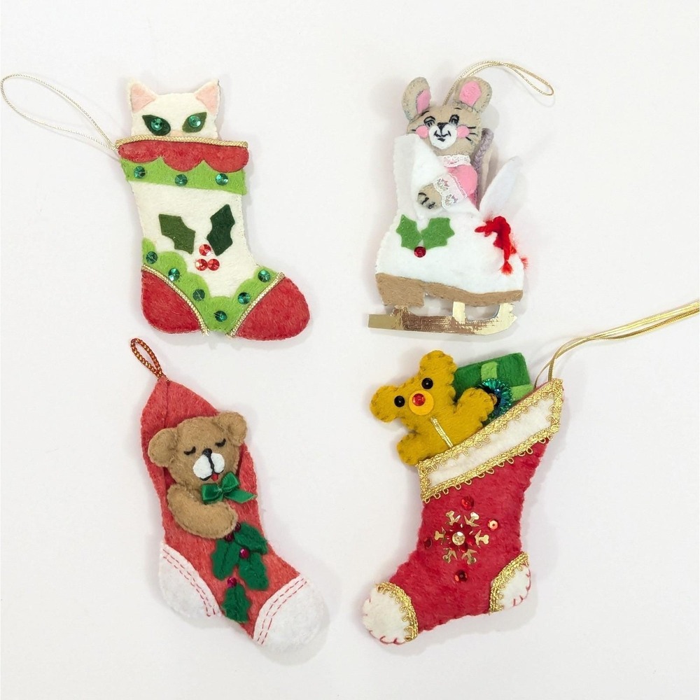 Vintage Bucilla Handmade Felt Sequin Christmas Ornaments Lot of 4 Stocking Skate
